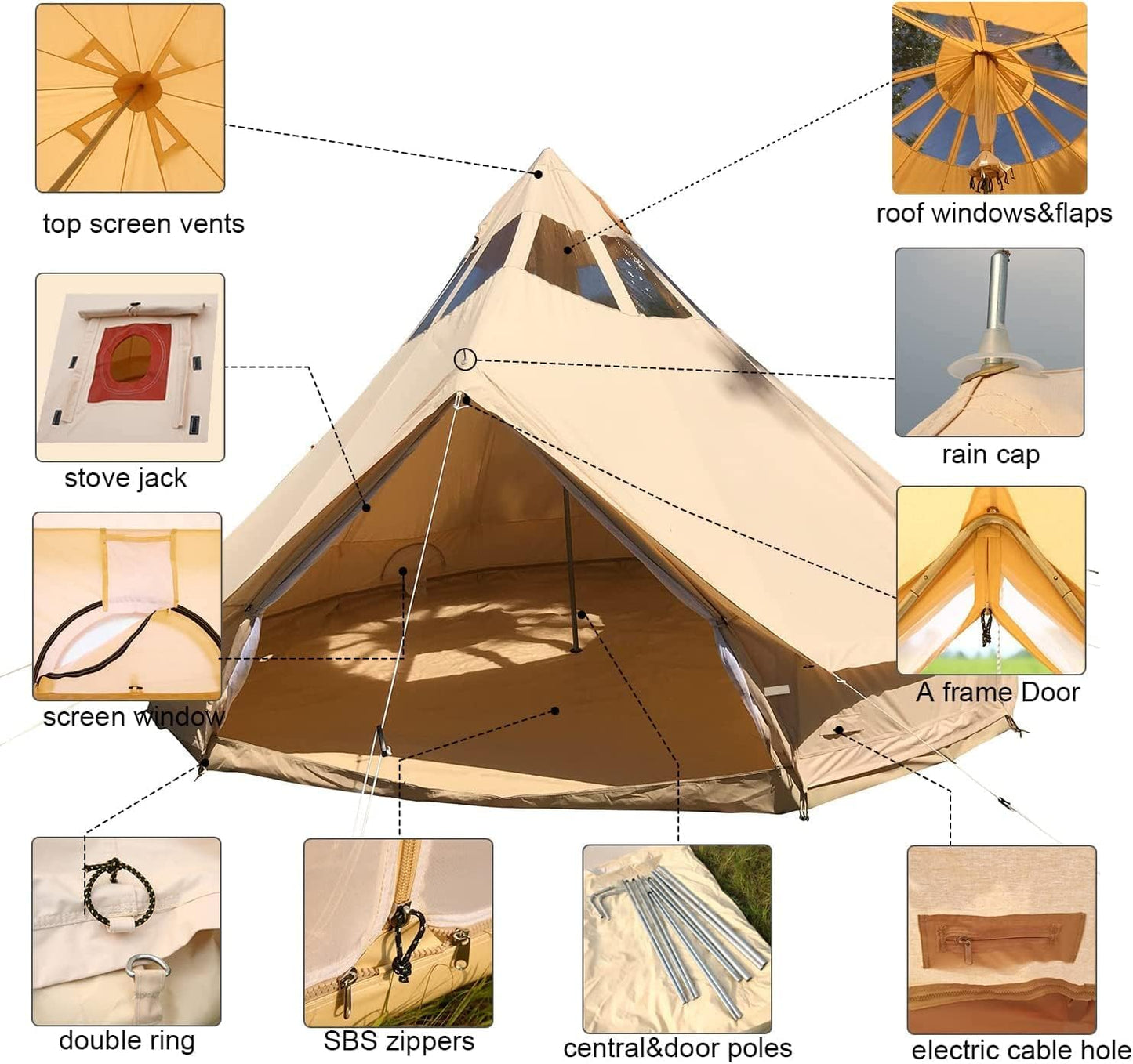 5M Star Gazer Bell Tent – 4-Season Waterproof Cotton Canvas Glamping Yurt, 6-8 Persons with Stove Jack & Roof Windows ⛺